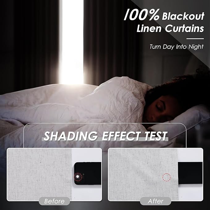 100% Blackout Linen Curtains 90 inch Length 2 Panels for Living Room Loop Pocket Pinch Pleated Black Out Drapes Grey Heat Reducing Total Blackout Window Curtains for Bedroom 90 inches Long