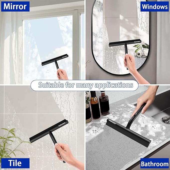 Anjinwiper All-Purpose Shower Squeegee for Glass Doors, Shower Door Squeegee with Hook, Silicone Squeegee for Bathroom, Shower Doors, Mirrors, Tiles(Black)