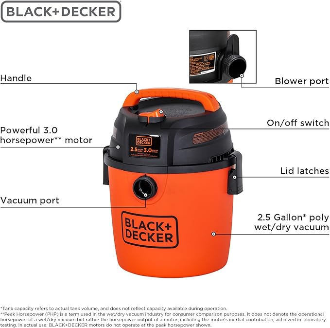 BLACK+DECKER 2.5 Gallon Shop Vac, 3 Peak HP Wet Dry Vacuum with Powerful Suction, Portable for Garage Car and Home Use, Pet Hair Cleaning, Accessories Included, BDXV18134PA