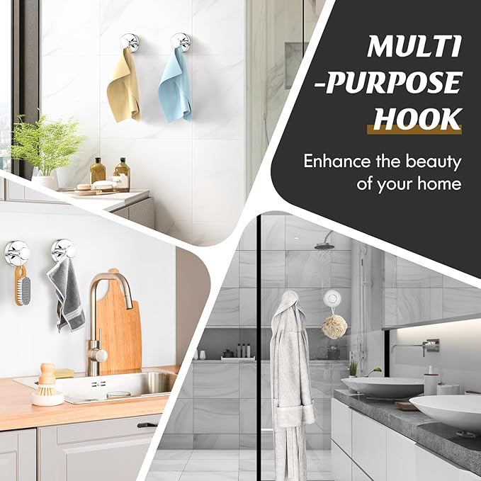MOTAIPEAK Suction Cup Hooks for Shower,Removable Shower Towel Suction Hooks for Bathroom Wall,Kitchen,Glass,Mirror,Tile to Hang Robes,Loofah-Chrome(4-Pack)