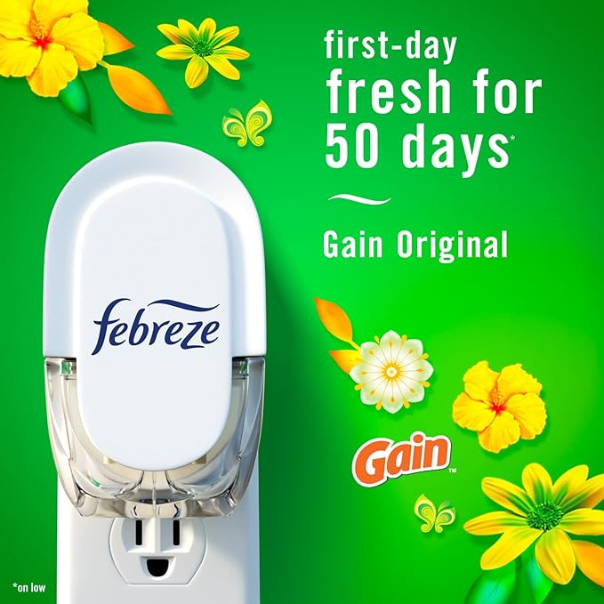 Febreze Plug In Air Freshener, Odor-Fighting Scented Oil Starter Kit, Air Fresheners for Home and Bathroom and Kitchen, Long Lasting for Strong Odors, Gain Original Scent, Warmer + 4 Refill