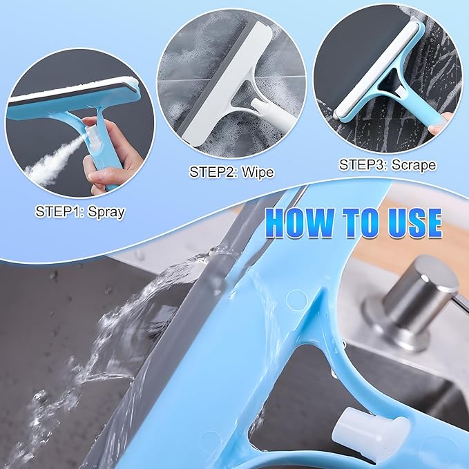 2PC 3 in 1 Window Cleaning Scraper, 3 in 1 Spray Squeegee, Window Squeegee with Spray, for Kitchen, Bathroom, Wall, Glass Windows, Table Top, Car Window (Blue + White)
