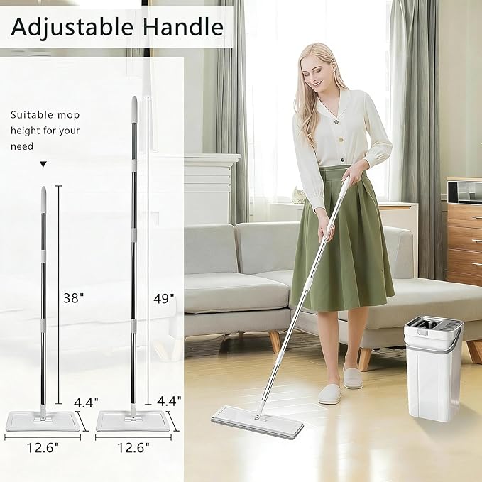 Meetue Mop and Bucket Set, Flat Mop and Bucket System with Wringer, Automatic Separates Dirty and Clean Water Include 6 Reusable Microfiber Mops for Floor Cleaning