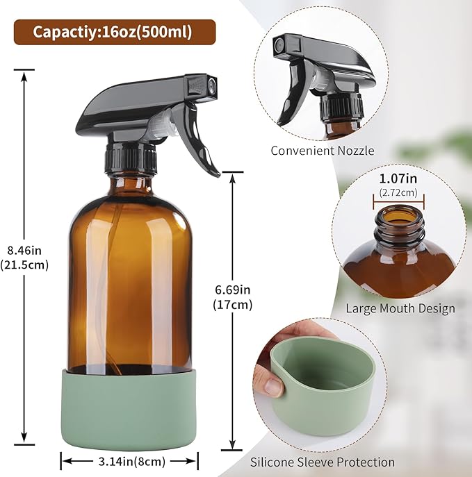 HOMBYS Empty Glass Amber Spray Bottles with Silicone Sleeve Protection - Refillable 16 oz Containers for Cleaning Solutions, Essential Oils, Misting Plants - Quality Sprayer -(2 Pack Amber)