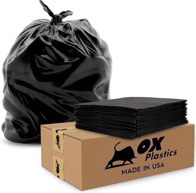 Ox Plastics 60 Gallon Trash Can Liners Bags - 35 Count Capacity & 4mil Thick Extra Heavy Duty Strength -Large Garbage, Leak-Proof & Durable Bag Black
