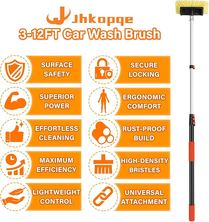 Jhkopqe 12FT Car Wash Brush with Extension Pole - Telescoping Long Handle Cleaning Tool with Non-Scratch Soft Bristles - Heavy Duty Aluminum Pole for RV, Truck, Boat, Solar Panels & High Windows