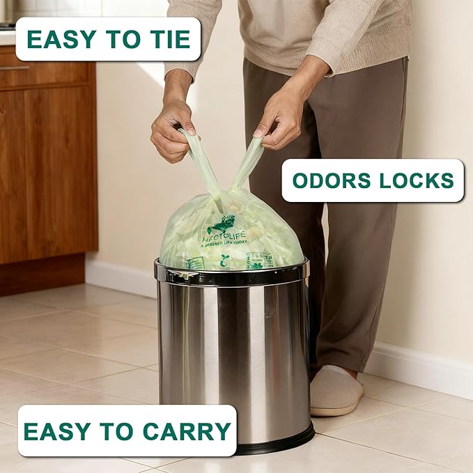 HECTOLIFE 2.6 Gallon 100 Count,Compostable Bags Handle Tie,Tear Resistant Kitchen Food Scrap Waste Bag, ASTM D6400, US BPI and Europe OK Compost Home Certified