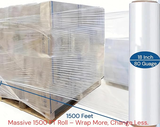 Stretch Wrap for Home & Office: 80 Gauge Heavy Duty Plastic Pallet Wrap, 18" x 1500 Ft for Securing Boxes, Moving, Packing Parcels & Furniture Protection (1 Roll)