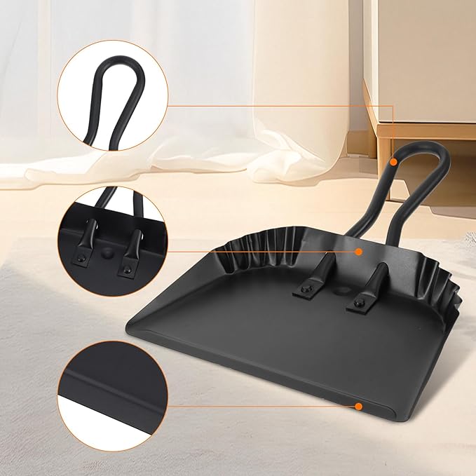 2 Pack Black Metal Dustpan, 12 Inch Heavy Duty Steel Dust Pan with Handle Handheld Dustpan Wide Scooper for Indoor, Outdoor, Fireplace, Industrial and Commercial Use