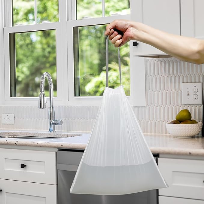 8 Gallon Trash-Bags Drawstring Kitchen-Garbage-Bag Unscented - White Plastic 54 Count Recyclable Restroom Liners Strong Compactor Can Tall Large Recycle Waste Basket Inwaysin