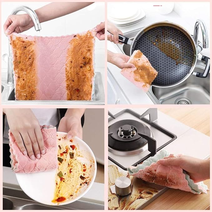 4-Pack 9.85"x9.85" Microfiber Cleaning Cloth，Dish Towels, Double-Sided Dish Drying Towels，Reusable Household Cleaning Cloths for House Furniture Table Kitchen Dish Window Glasses