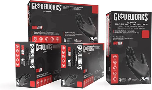 GLOVEWORKS Black Nitrile Gloves Disposable Latex Free, 5 Mil Industrial, For Mechanic, Cleaning, Cooking, Kitchen, Food Grade