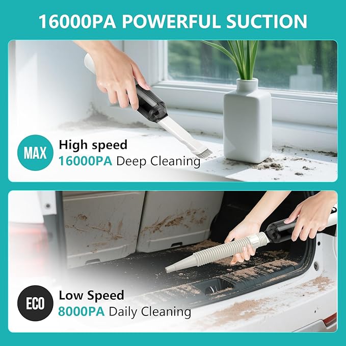 Mini Car Vacuum, 5 in 1 Cordless Handheld Vacuum Cleaner 16800Pa Suction Power, Type-C Charge & LED display, Multi-Nozzles, Blowing & Inflating Lighting Modes Portable Vacuum for Car Office Pet Home