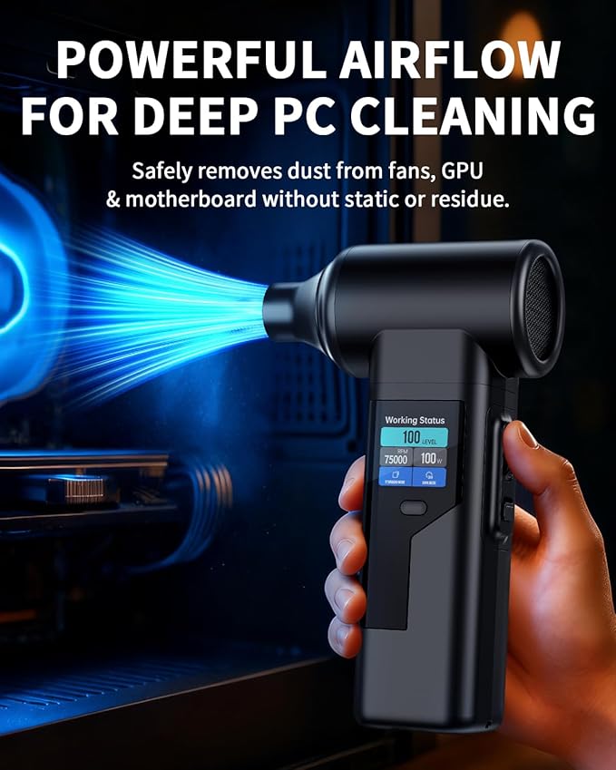 Instant Dust Removal – Electric Air Duster 130000 RPM, 40 mm Motor, 8000 mAh Battery & 30 W Fast Charge, TFT Screen, 300-Speed Control, Rechargeable Compressed Air Blower for PC & Electronics