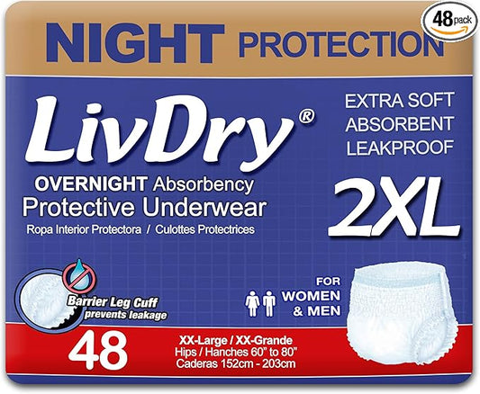 LivDry 2XL Overnight Adult Diapers for Women and Men, XXL Incontinence Underwear, 60”-80" Waist, Disposable Pull-On Briefs, XX-Large, 48 Pack