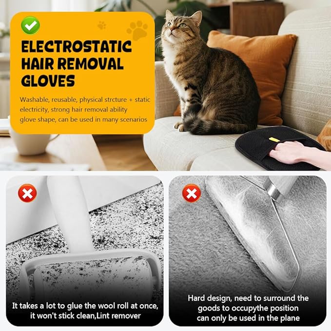 3Pcs Pet Hair Removal Glove, Electrostatic Hair Removal Glove for Cats and Dogs, Reusable Hair Remover for Couch, Carpet, Car Seat, Laundry Clothing Quick Cleaning Tool for Pet Owners (#2)