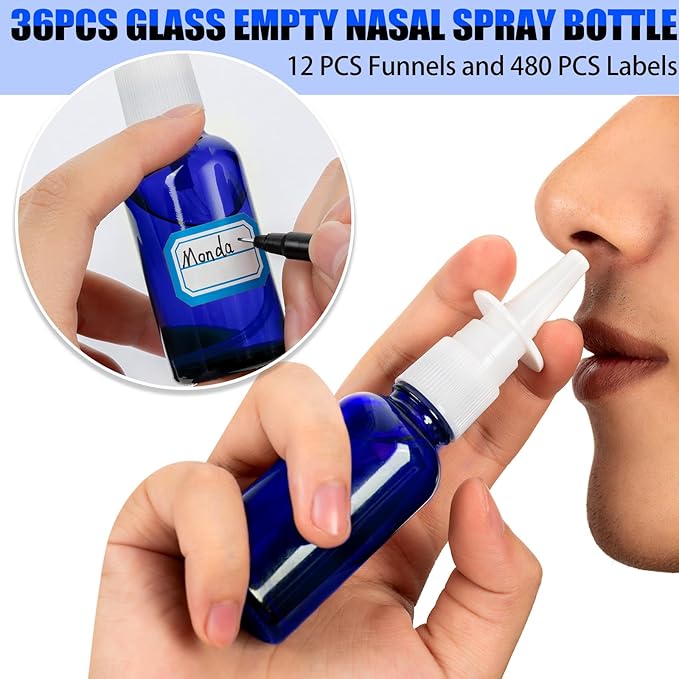 60 Pcs Nasal Spray Bottle Empty, Blue Glass Refillable Fine Mist Nasal Spray Bottles with 12 Funnels and 12 Labels (30ML/1oz)