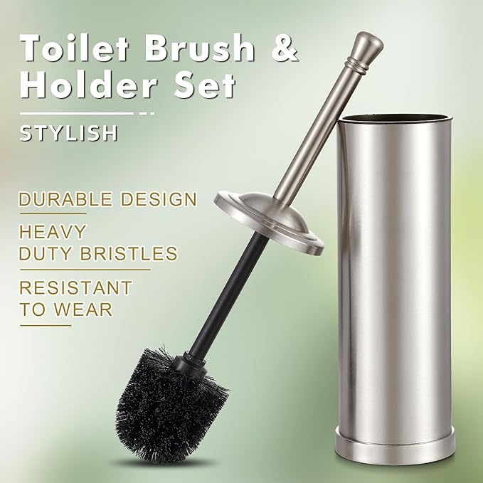 Brushed Nickel Toilet Brush and Holder Set,304 Stainless Steel Toilet Bowl Brush and Holder for Bathroom,Silver Heavy Duty Toilet Brush,Durable Scrubbing Bristles,Splash Resistant,Long Hanlde