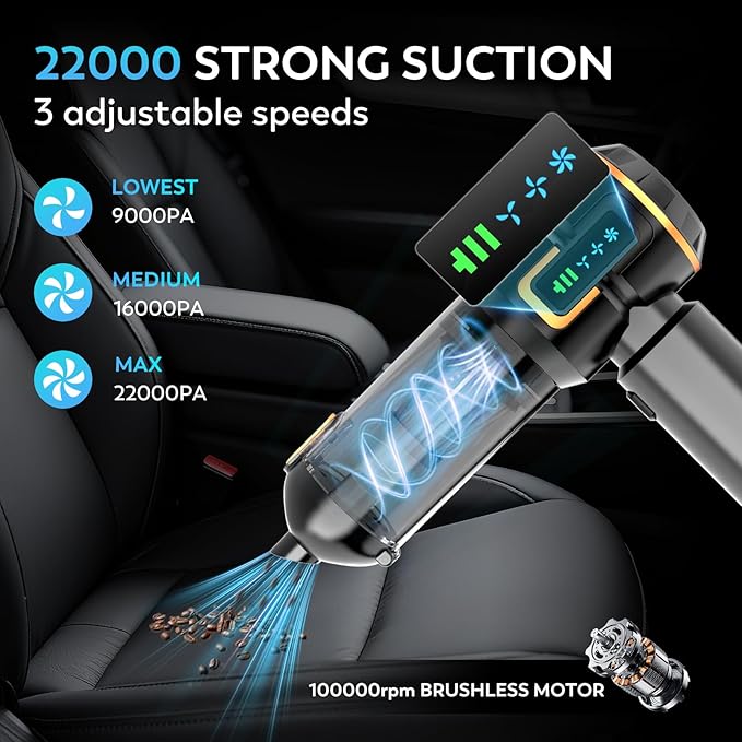 KedeeSparkle Car Vacuum Cleaner, 22000PA High Power Portable Handheld Car Vacuum & Air Duster, Mini Cordless Vacuum with LED Display, for Home, Office, Camping (Black Golden)