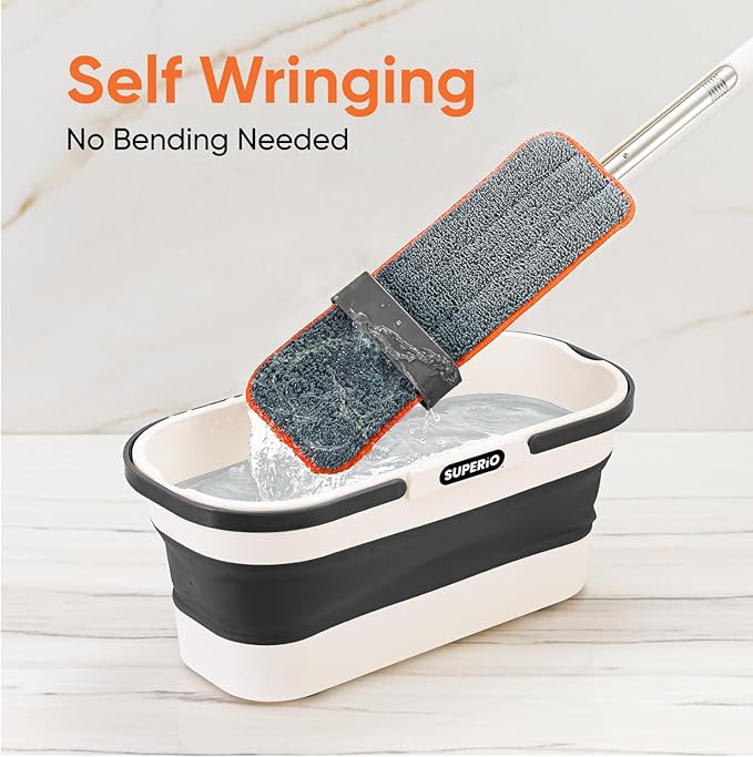 Superio 2 Pack Self-Wringing Microfiber Cleaning Mop, Hands-Free Miracle Flat Mop with Wringing Blade for Home, Kitchen, Bathroom - Hardwood, Laminate, Tile