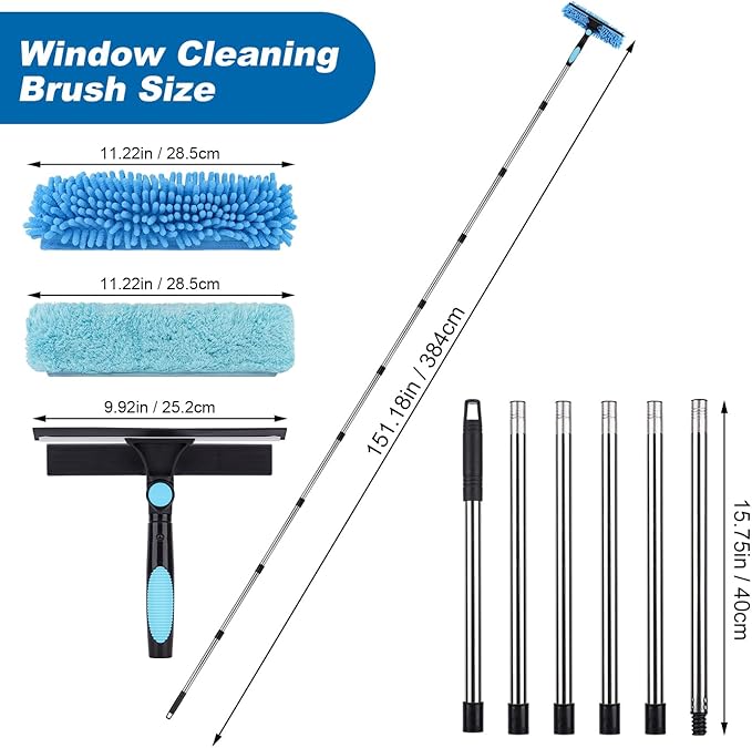 Window Squeegee Cleaner Tool with Extension Pole: 2-in-1 Window Cleaning Kit - 86.6 Inch Telescopic Long Window Cleaning Tool for High Windows Car Glass - with 2 Microfiber Cloth & Squeegee Blade