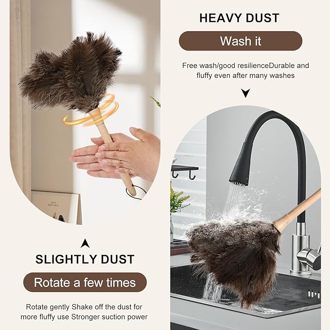 Daieeparty Ostrich Duster Fluffy Natural Feather Dusters with Wooden Handle Cleaning Supplies for Home Office Car (2, 16inch)