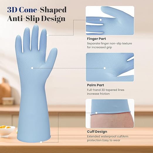 Rubber Kitchen Dishwashing Gloves - 3 Pairs Reusable Household Cleaning Gloves, Flexible and Durable & Non-slip Cleaning Gloves, Great for Kitchen, Bathroom, Laundry (Medium, Green+Blue+Grey)