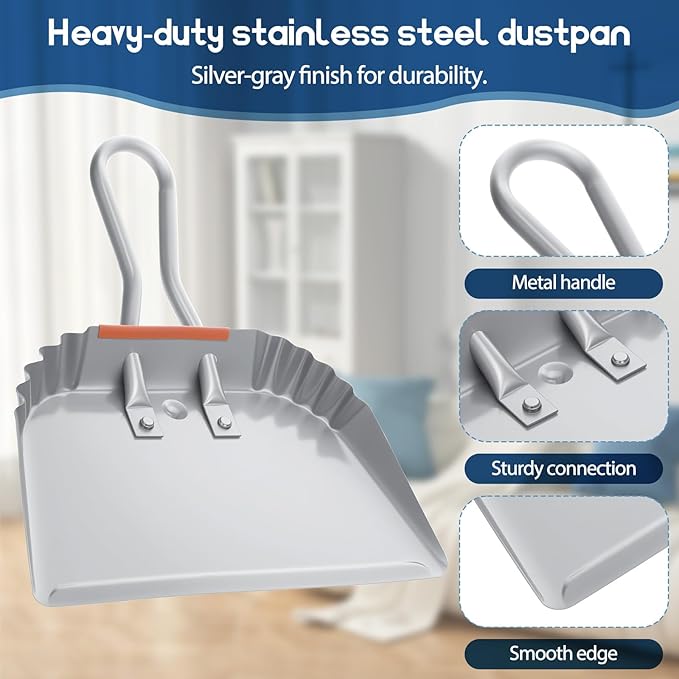 4 Pack 12 inch Heavy Duty Metal Dustpan, Steel Industrial Commercial Dust Pan with Handle, Wide Scooper Dust, Debris Sweeping Tool for Indoor, Outdoor, Fireplace, Silver