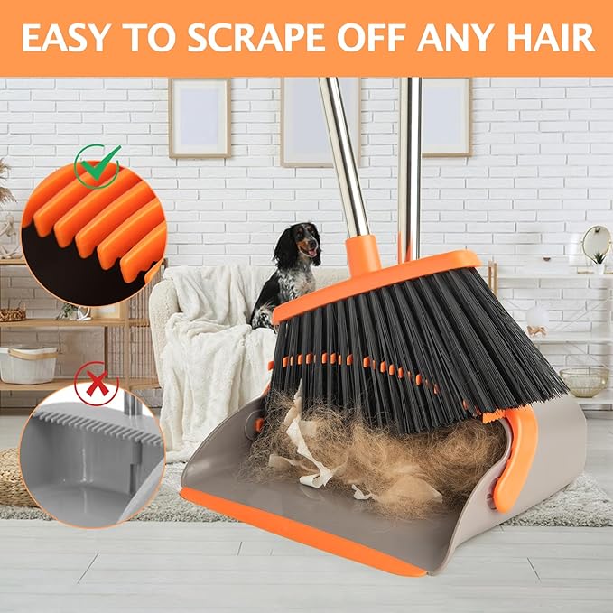 XXFLOWER 2-Pack Broom and Dustpan Set with Long Handle, Heavy Dust Broom and Dustpan Combo for Home，Kitchen, Office, Pet Hair(Gray Orange)