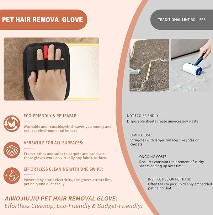 Aiwojiujiu 2 Pcs Pet Hair Removal Glove - Upgraded Electrostatic Pet Hair Remover Gloves for Cats & Dogs, Reusable & Washable Magic Brush Pet Hair Removal Tool (Black, L)
