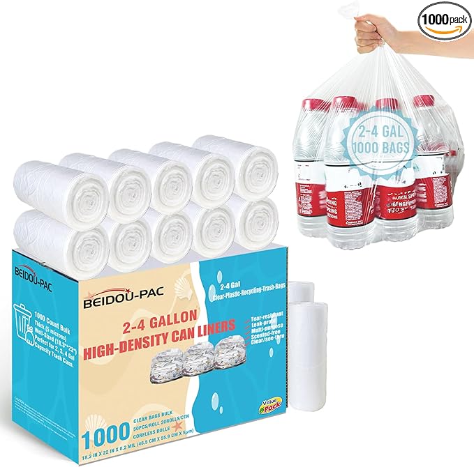 BEIDOU-PAC 2-4 Gallon Trash Bags, 1000 Count Bulk Value Pack, Clear Plastic Recycling Bags, Small Multi-purpose Garbage Bags for Business Home Bathroom Kitchen Commercial and Industrial