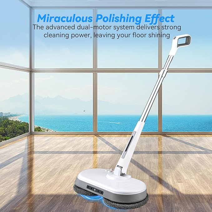 Cordless Electric Mop, Dual Motor Powerful Spin Mop 2600 mAh, Floor Polisher,1H Rechargeable Power Mops with LED Light/Water Sprayer, Electric Mops for Floor Cleaning for Hardwood, Tile, Rotate 180°