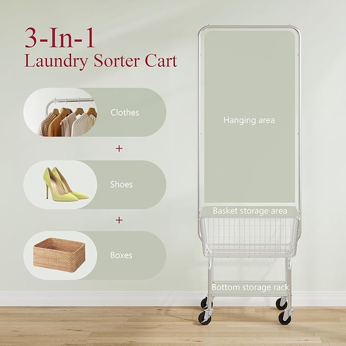 Tajsoon Laundry Cart with Hanging Rack, Metal Rolling Laundry Cart with Wheels and Storage Basket, Silver