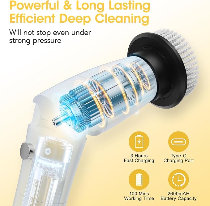 Electric Spin Scrubber, Full-Body IPX7 Waterproof Bathroom Scrubber with 550RPM High Power, Adjustable Extension Handle, Cordless Electric Cleaning Brush for Bathroom, Kitchen Cleaning