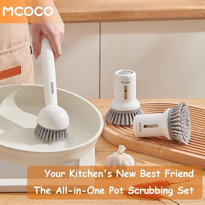MCOCO Dish Brush Set with Soap Dispensing Palm Brush Dish Scrub Brush with Soap Dispenser Palm Dish Brush Kitchen Cleaning Brush with Ergonomic Long Handle for Cleaning Sink, Pot, Pan, Stove, Yellow