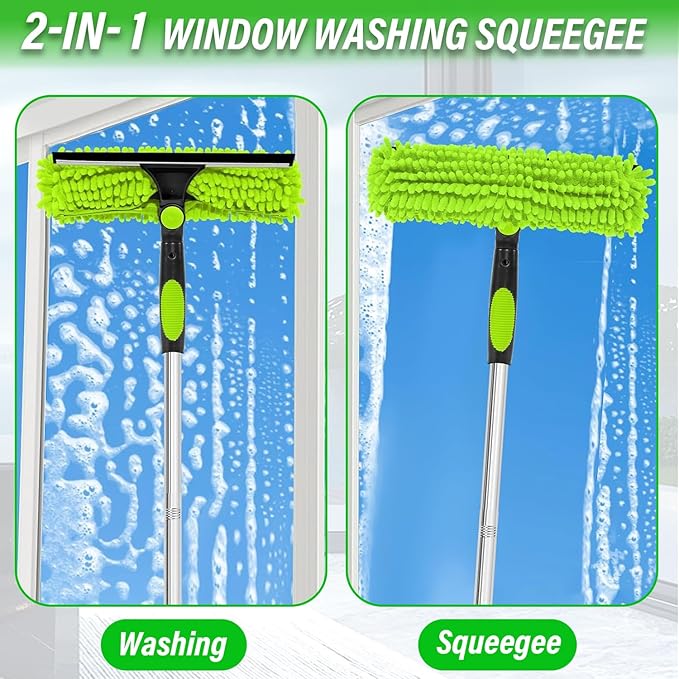RIZENCE 4.5M/14.7ft Window Cleaning Squeegee Tools, 3-in-1 Window Washing Kit with 10 Extension Pole, 2 Microfiber Cloth Brush & Squeegee, Telescopic Window Cleaner Tool for High Window, Car Glass