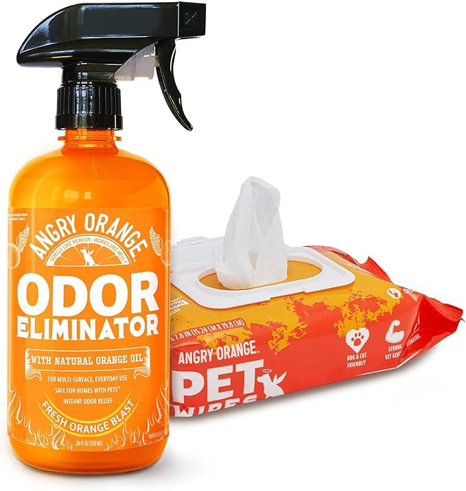 ANGRY ORANGE Pet Wipes + Odor Eliminator – Unscented Grooming Wipes for Dogs and Cats (80 ct) + Citrus Cleaner for Pet Urine, Stains and Smells (24 oz)