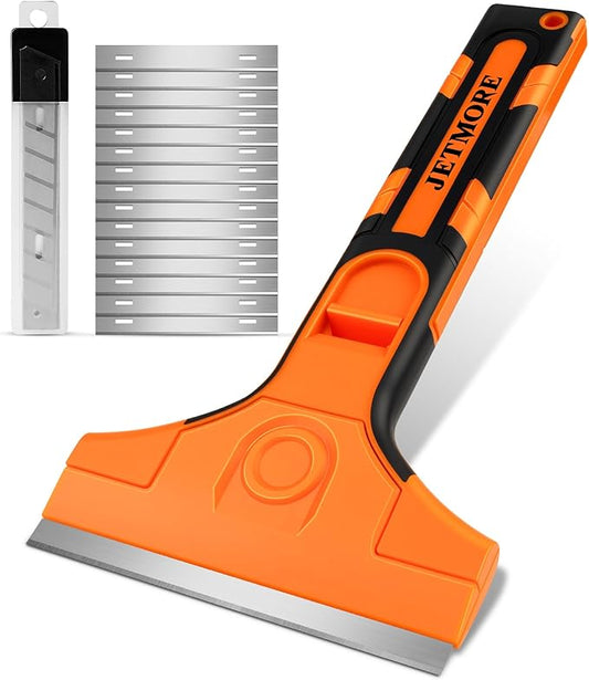 JETMORE Razor Blade Scraper, Scraper Tool with 15 PCS SK5 Steel Blades, Razor Scraper, Ergonomic Handle with Blade Storage Box, Scraper for Cleaning Windows, Glass, Oven, Stove, Kitchen, Floor, Paint