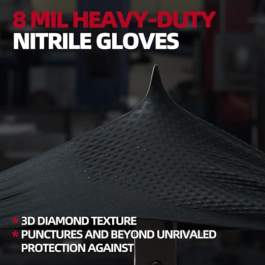 Jointown Basic Heavy Duty Nitrile Gloves, Mechanic Gloves 8 Mil Nitrile Disposable, with Raised Diamond Texture, Case of 1000, Black, Large