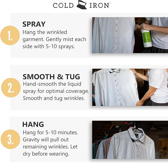 Cold Iron Wrinkle Release Spray for Clothes. 32 fl oz. Citrus Mint & Atlas Travel Size 3 fl oz Sea Breeze. Fast, Easy to Use Ironing Alternative. Spray, Smooth, Hang. Award Winning