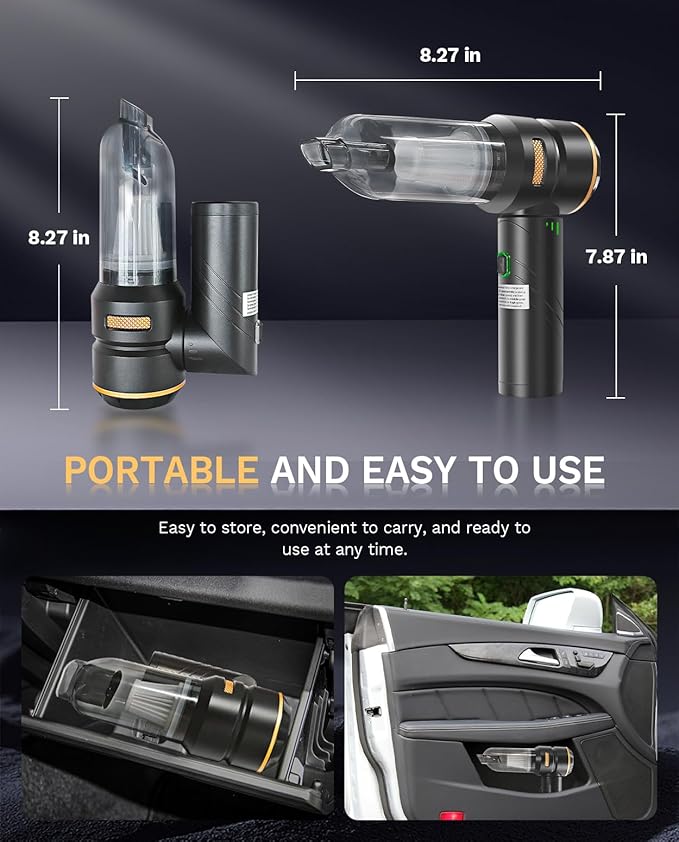 Baiwade Foldable Cordless Handheld Car Vacuum Cleaner, 15000PA High Power 2-in-1 Mini Vacuum Duster & Inflator, with 3-Speed Brushless Motor for Car Care, Home, Office, Pet