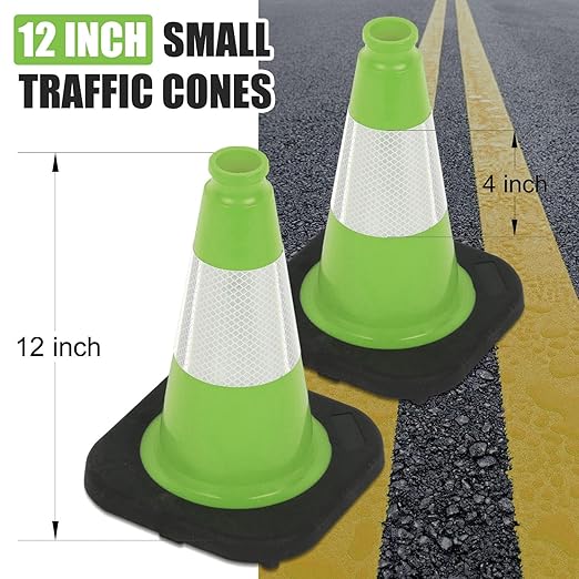 Fluorescent Orange/Green PVC Traffic Cones, Heavy Black Base Parking Lot Cone Structurally Stable Weatherproof Road Construction Safety Cones (8, Green, 12" Small)