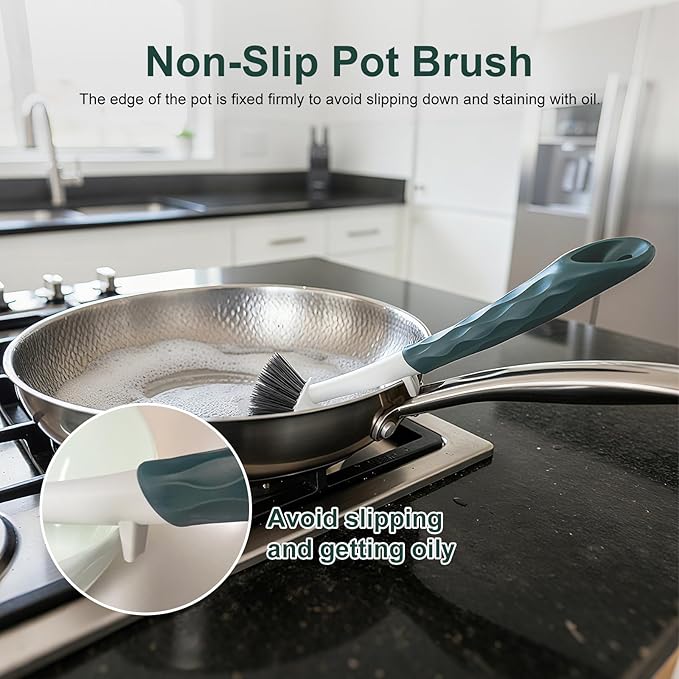 DMBMHMBDF Dish Brush, 2 Pack with Comfortable Handle, with Built-in Scraper, Scrub Brush with Stiff Bristles for Cleaning Dishes, Sink, Pots(Green)