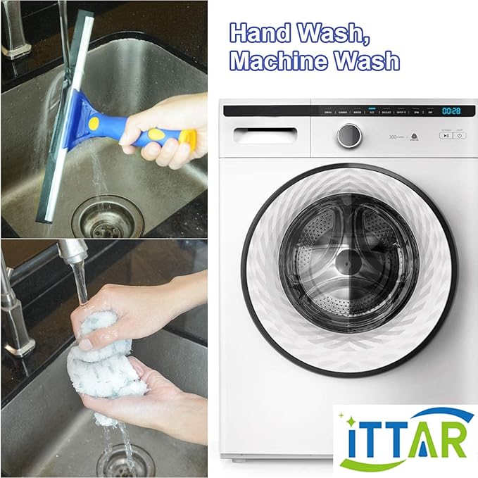 ‌ITTAR Window Squeegee Cleaner Kit, 5Ft Extendable Stainless Steel Pole with Rotatable Rubber Squeegee & 2 Microfiber Scrubber Pads, Professional Window Cleaning Tool for Home, Shower, Car, Windshield