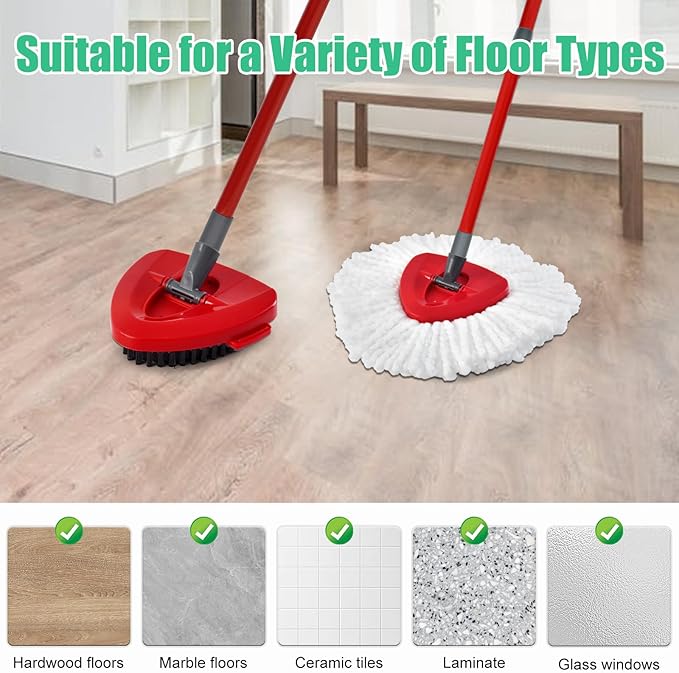 Mop Handle Mop Replace Heads and Mop Base Brush Replacement for O Cedar EasyWring 1-Tank Spin Mop System Include 2 Mop Head, 4-Section Mop Handle, 1 Base and 1 Scrub Brush Combo Set for Floor Cleaning
