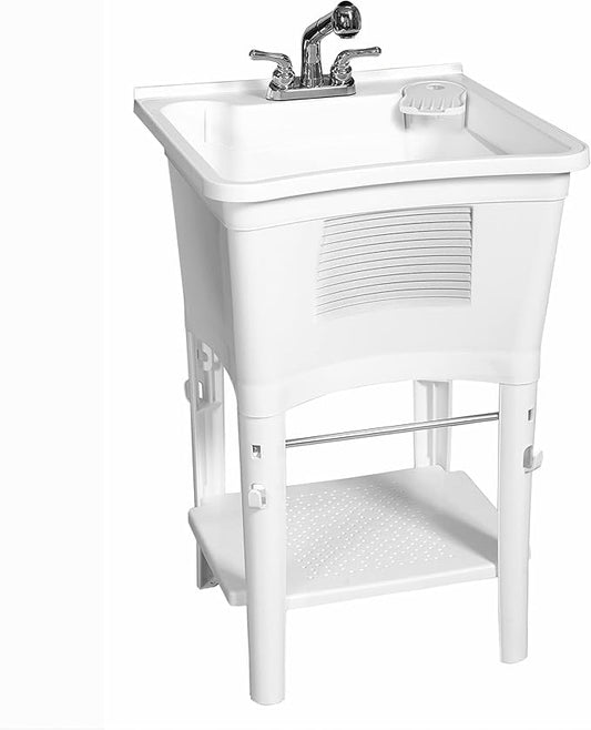 Zenna Home Utility Sink for Laundry Room and Garage, Freestanding Laundry Sink for Garage or Kitchen, Indoor & Outdoor Utility Tub with Pull-Out Faucet, Towel Bar, 24" W x 24" D x 36.75" H, White