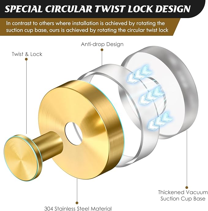 MOTAIPEAK Suction Cup Hooks for Shower,Removable Shower Towel Suction Hooks for Bathroom Wall,Kitchen,Glass,Mirror,Tile to Hang Robes,Loofah-Gold(4-Pack)