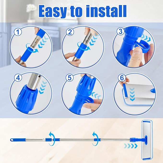 Flat Mop with Stainless Steel Handle, Handle Adjustable 3 Sections Splice Microfiber Mop Floor Cleaning 4 Pieces Mops Cloth Wet & Dry Pads Wet and Dust Mopping