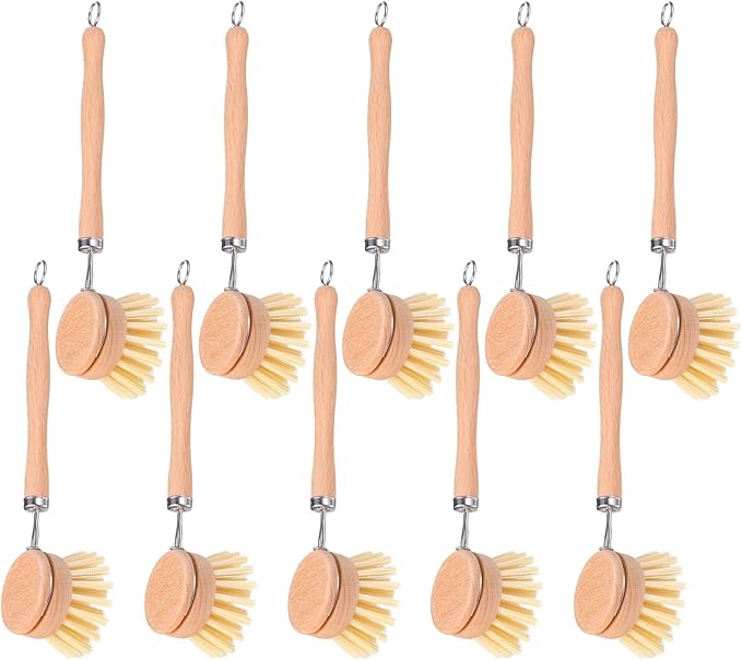10 Pack Fiber Bristle 2-Inch All-Purpose Kitchen Dish Scrub Brush with Beechwood Handle - Dish Brush with Hooked Handle for Pots, Pans, and Kitchen Utensils - Made in Germany