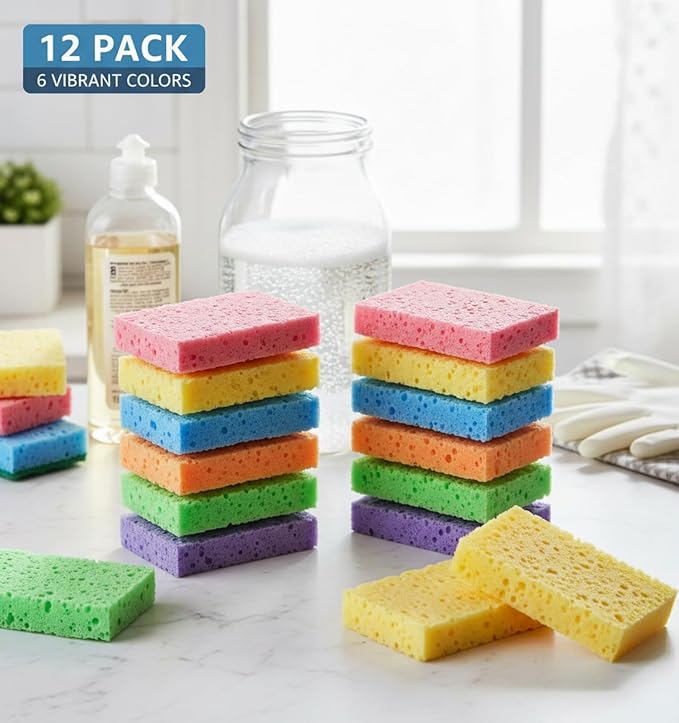 Chuangdi 12 Pcs Sponges Kitchen Bulk Non Scratch Cellulose Sponges Kitchen Assorted Colors for Washing Dishes, 4.7 x 3 Inch(1.5 cm in Thickness)